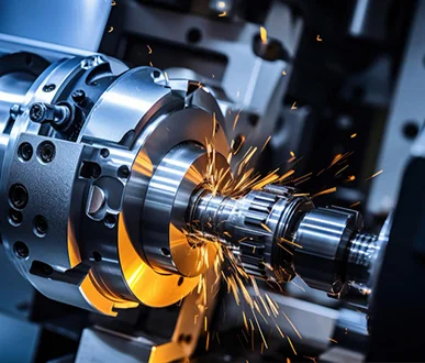 High-precision CNC machining at FLYZONE Engineering, showcasing advanced metal cutting technology and automated fabrication with precision tooling.